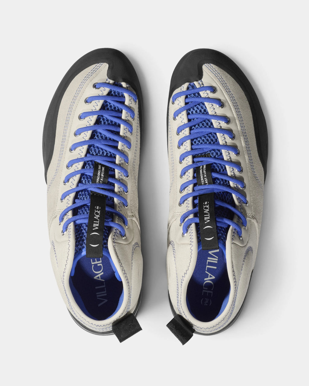Village PM 1PM MID Leather Suede Shoes in Cream-Blue/Natural Black: the pair seen from directly above, toes up, showing the lacing and the tongue. A cream and blue leather and suede mid-top skate shoe on a natural black gum outsole.
