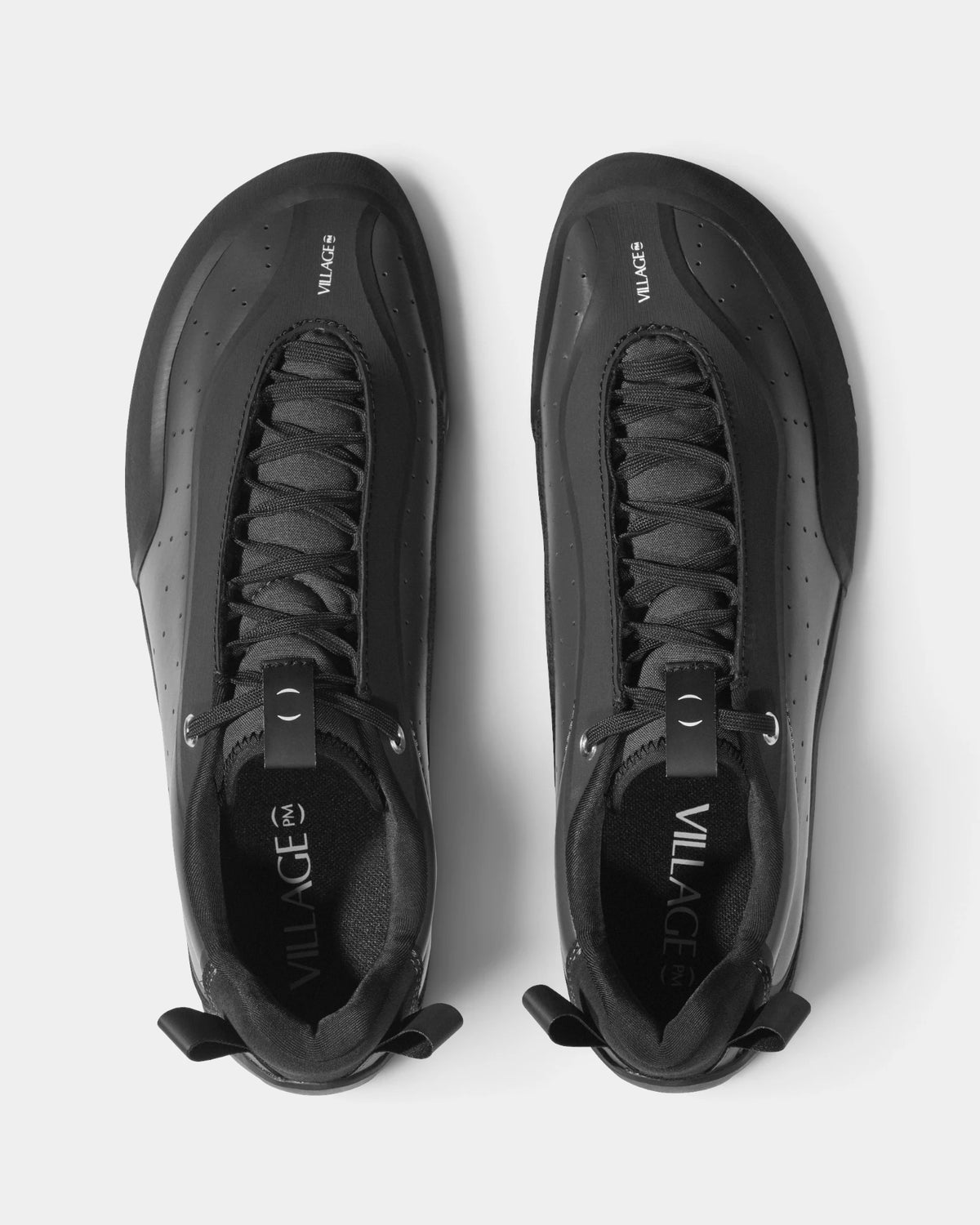 Village PM 2PM Synth Leather Shoes in Anthracite/Natural Black: the pair seen from directly above, toes up, showing the lacing and the tongue. A anthracite synthetic leather low-top skate shoe on a natural black gum outsole.