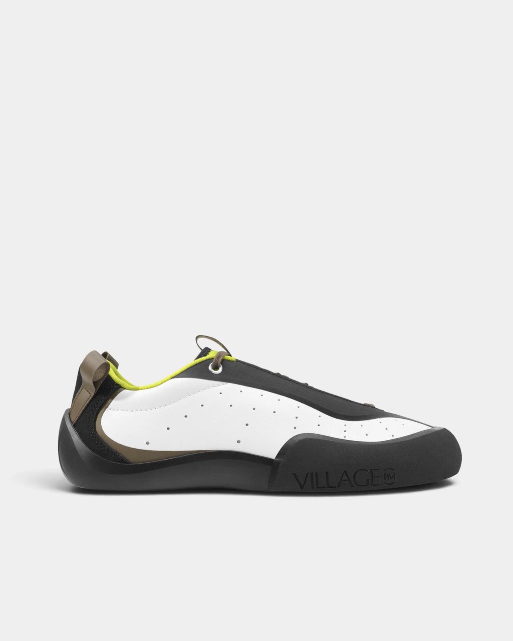 Village PM 2PM Synth Leather Shoes in White-Lime/Natural Black: a single shoe seen side on from the outer side, toe to the right. A white and lime synthetic leather low-top skate shoe on a natural black gum outsole.