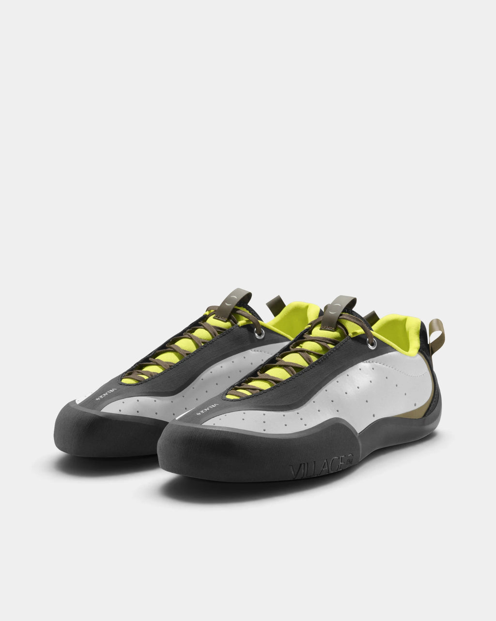 Village PM 2PM Synth Leather Shoes in White-Lime/Natural Black: the pair seen from the front three-quarter angle, toes to the right. A white and lime synthetic leather low-top skate shoe on a natural black gum outsole.