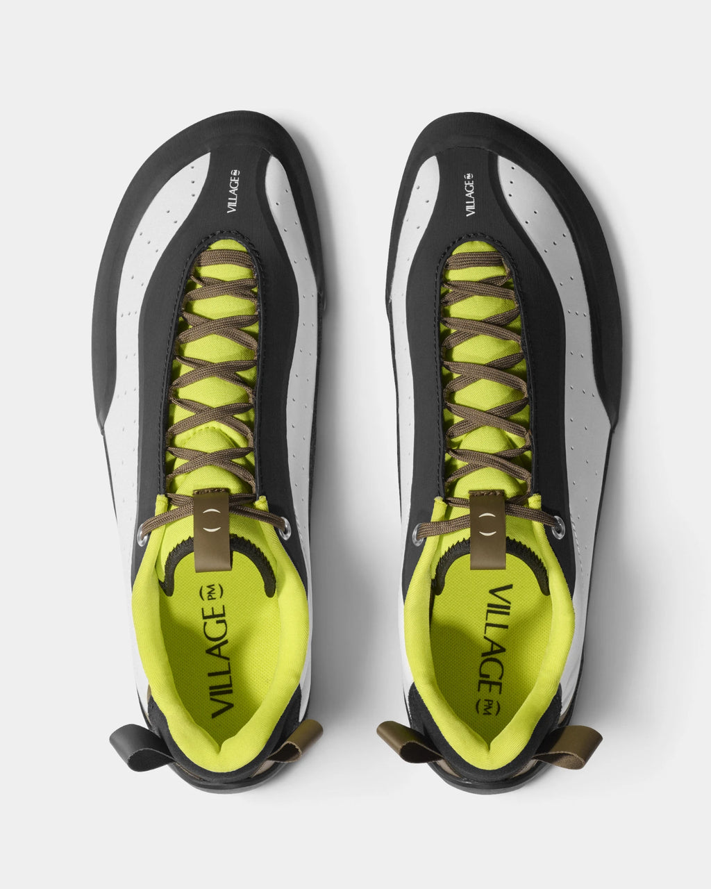 Village PM 2PM Synth Leather Shoes in White-Lime/Natural Black: the pair seen from directly above, toes up, showing the lacing and the tongue. A white and lime synthetic leather low-top skate shoe on a natural black gum outsole.