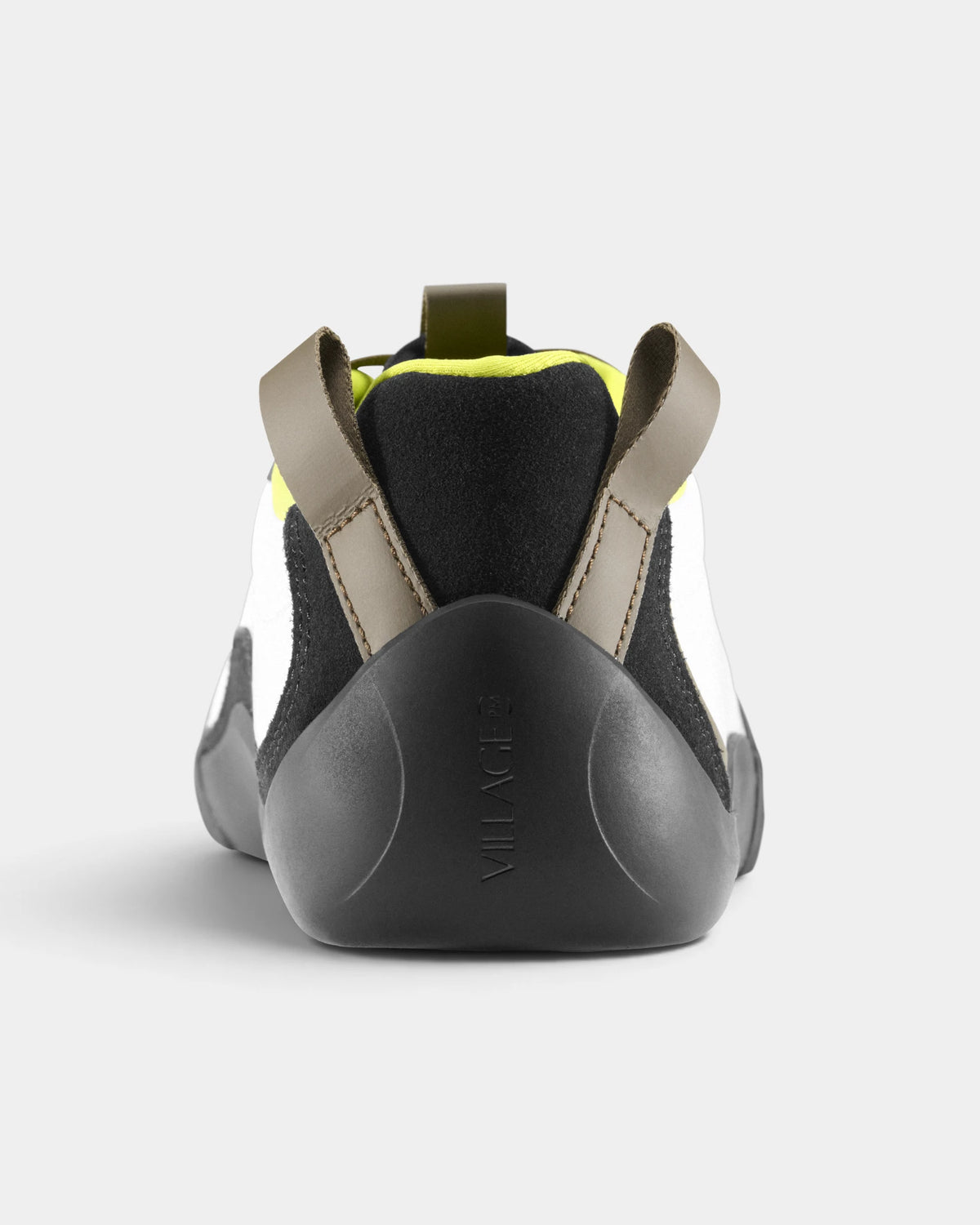 Village PM 2PM Synth Leather Shoes in White-Lime/Natural Black: a single shoe seen straight on from behind, showing the heel counter and collar. A white and lime synthetic leather low-top skate shoe on a natural black gum outsole.