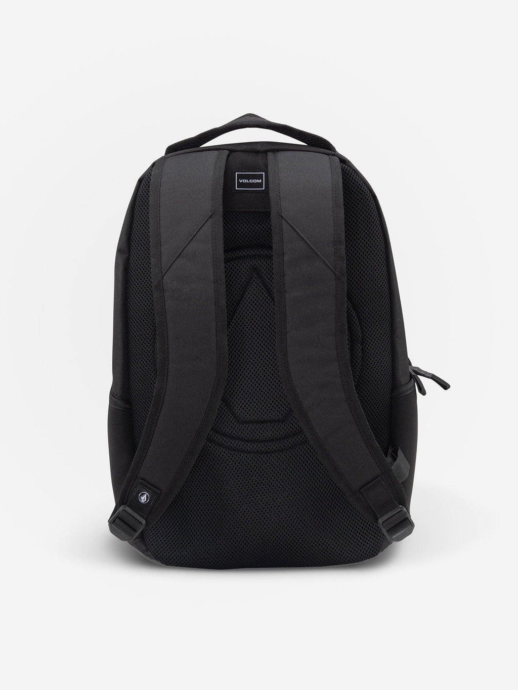 Volcom Everstone Backpack in black, back view showing the mesh-lined padded shoulder straps, the top grab handle and the quilted back panel with the Volcom stone logo