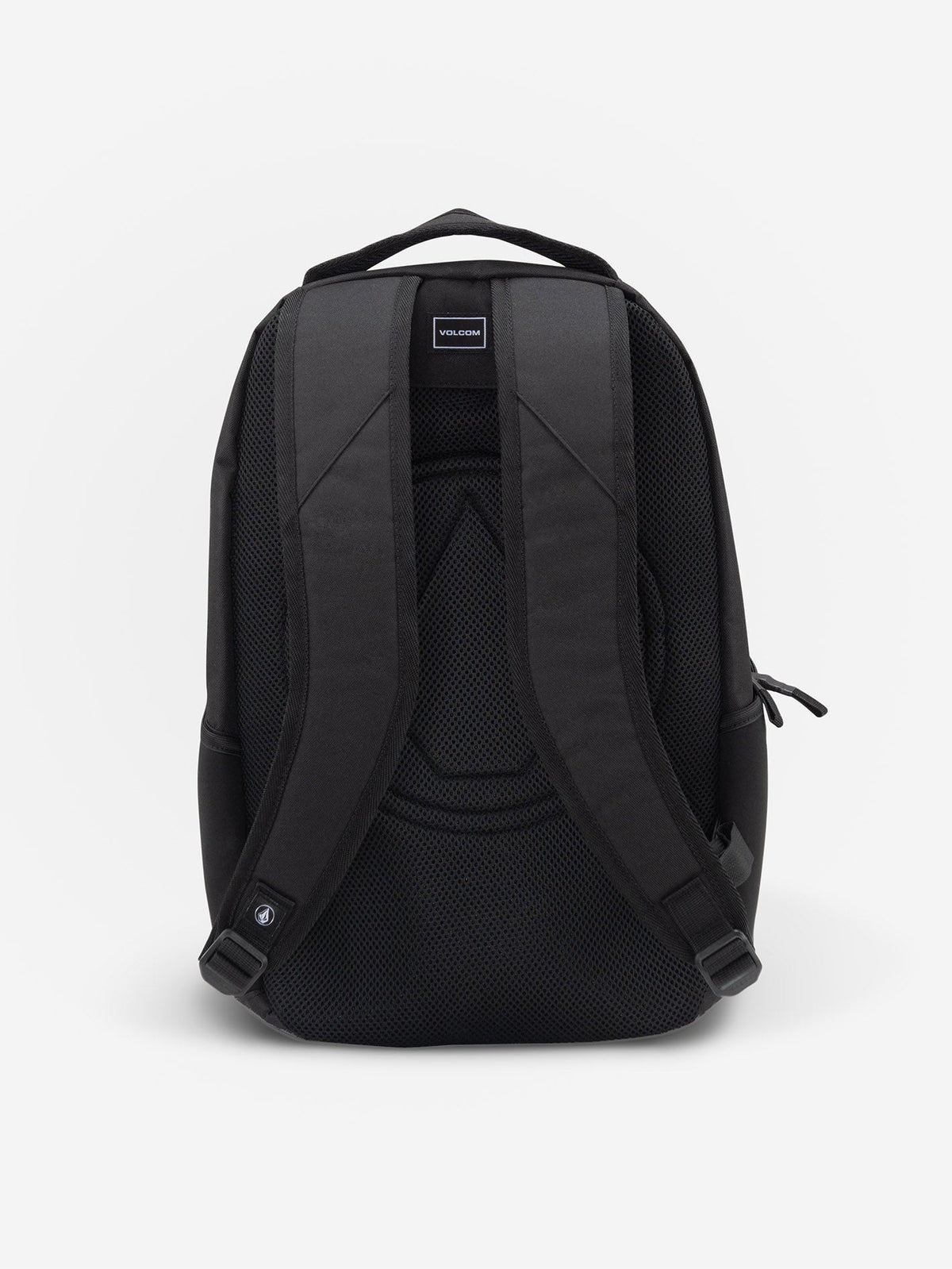 Volcom Everstone Backpack in black, back view showing the mesh-lined padded shoulder straps, the top grab handle and the quilted back panel with the Volcom stone logo