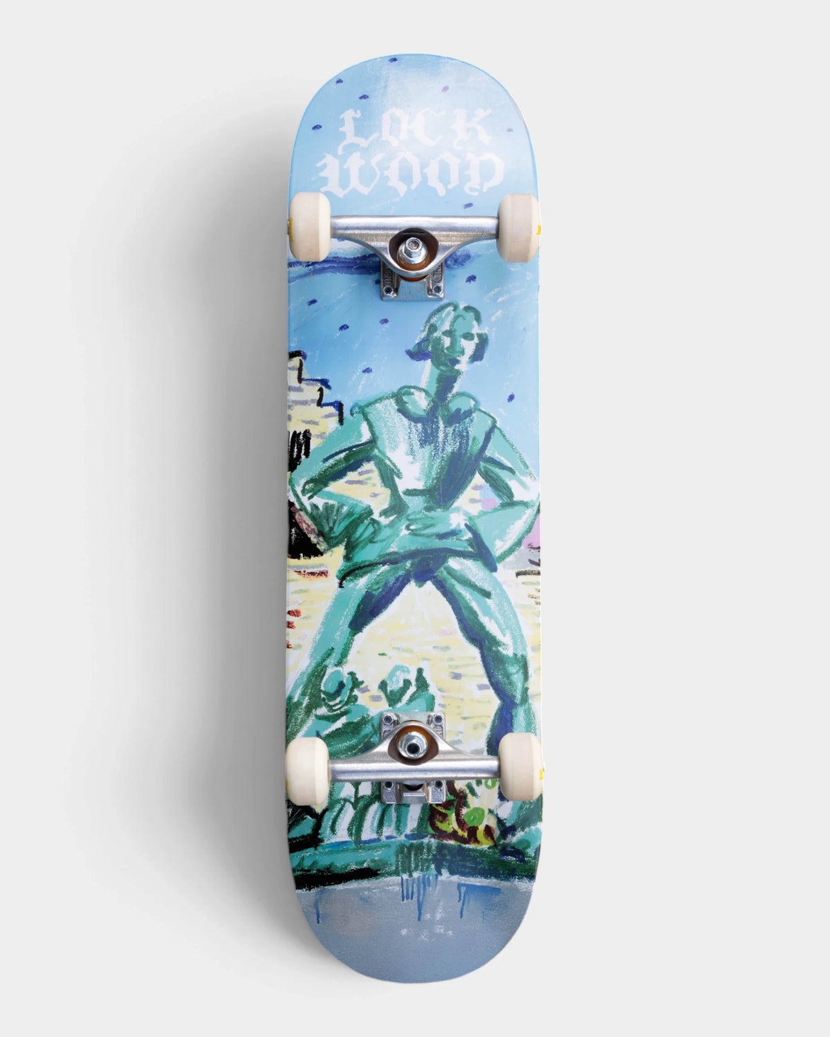 Lockwood Wapper complete skateboard, 8.5 inch, with Nel's crayon illustration of the Lange Wapper statue in teal and sky blue and the Lockwood blackletter logo at the tail