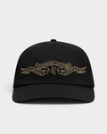 Lockwood Ribbon Cap in Black, front view with the tan embroidered ribbon banner reading LOCKWOOD ANTWERP