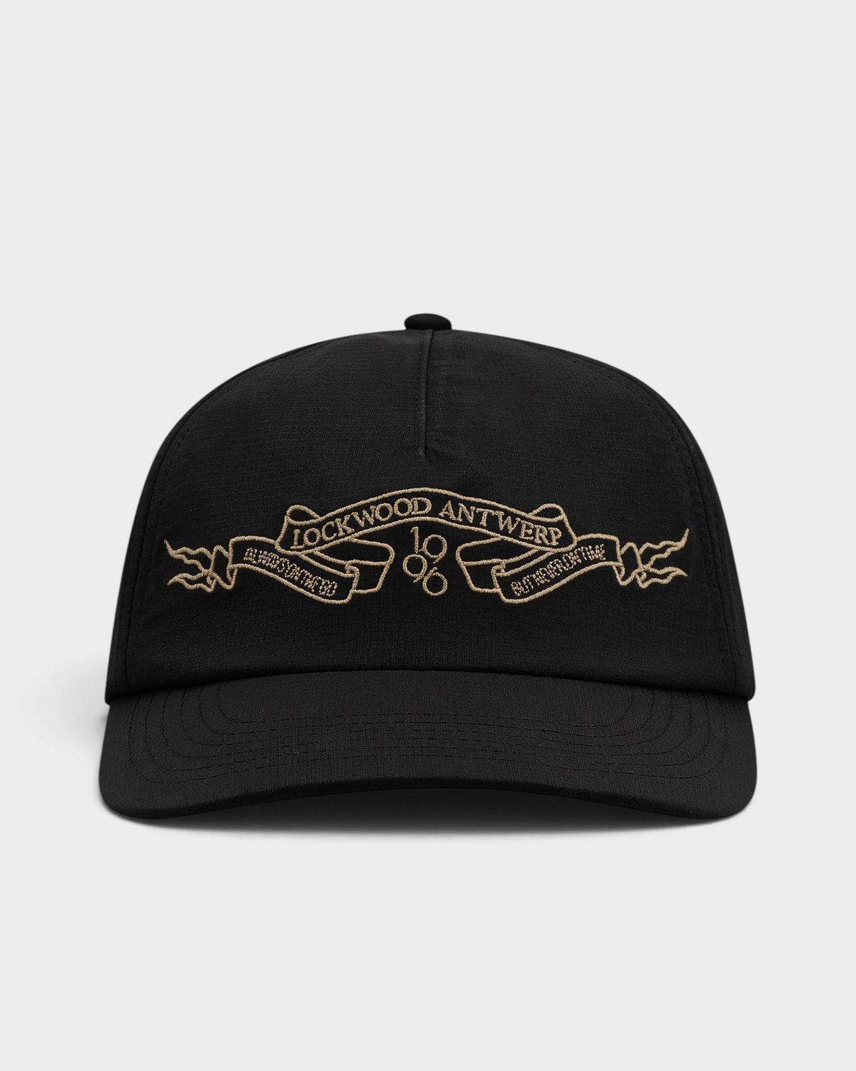 Lockwood Ribbon Cap in Black, front view with the tan embroidered ribbon banner reading LOCKWOOD ANTWERP